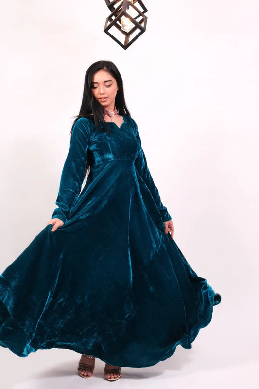 Peacock blue velvet Gown
