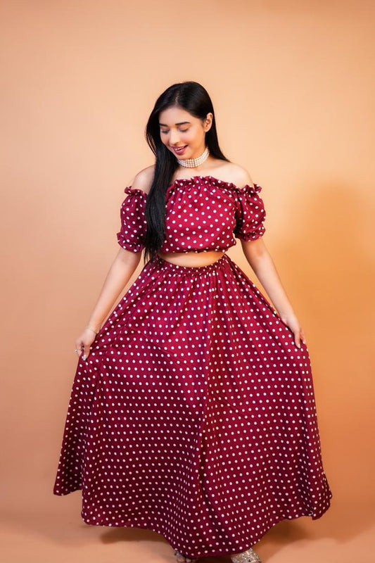 red rose doted print skirt and top
