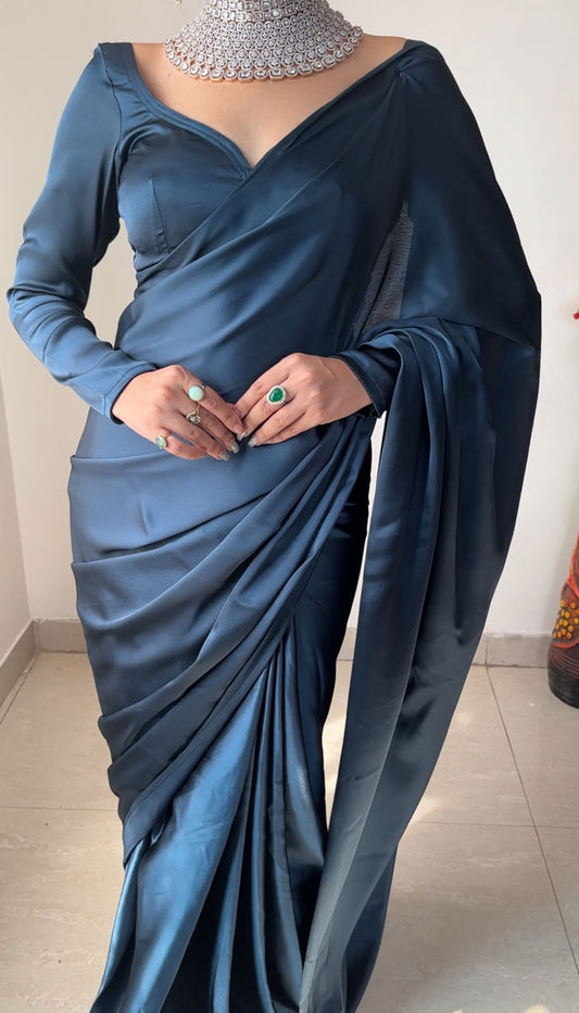 Unstitched Peacock Blue Satin Saree