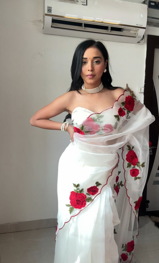 Hand Embroidered Premium Rose Organza Saree