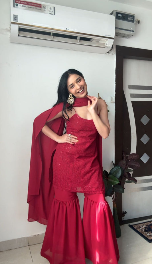 Lipstick Red Chikankari Short Kurti