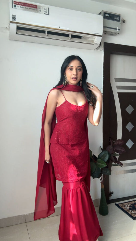 Lipstick Red Chikankari Short Kurti