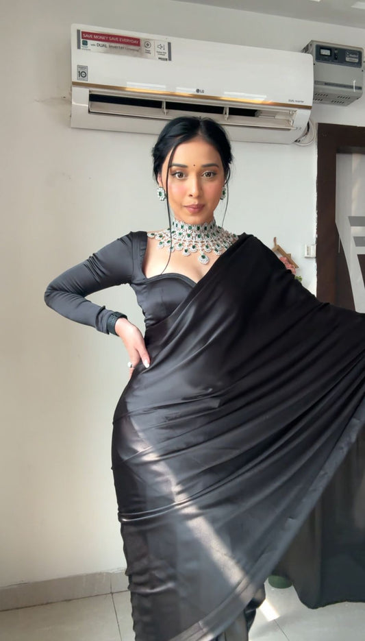 Ebony Black Satin One Minute Saree