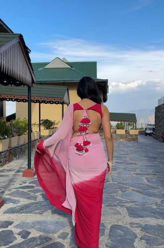 Azalea Pink and Pink Shaded Chiffon Backless Blouse