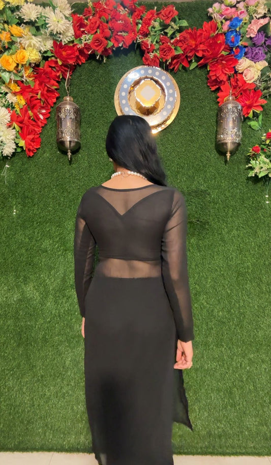 Stylish Neck Design Black Georgette Straight Kurti Full Set