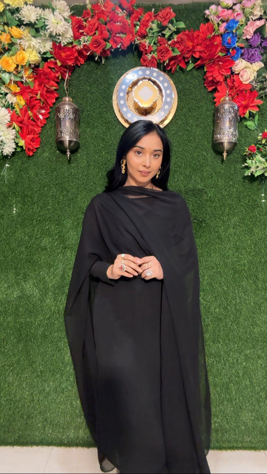 Stylish Neck Design Black Georgette Straight Kurti Full Set