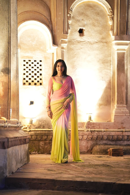 Stitched Dragon Fruit Colour Shaded Chiffon Full Sleeves Blouse