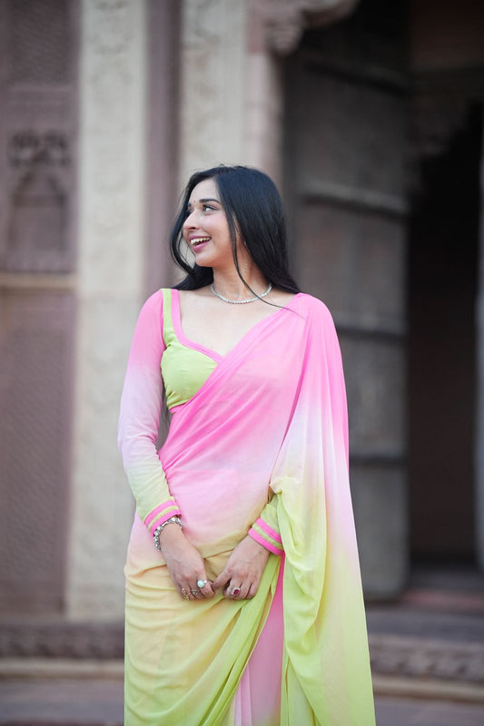 Stitched Dragon Fruit Colour Shaded Chiffon Full Sleeves Blouse