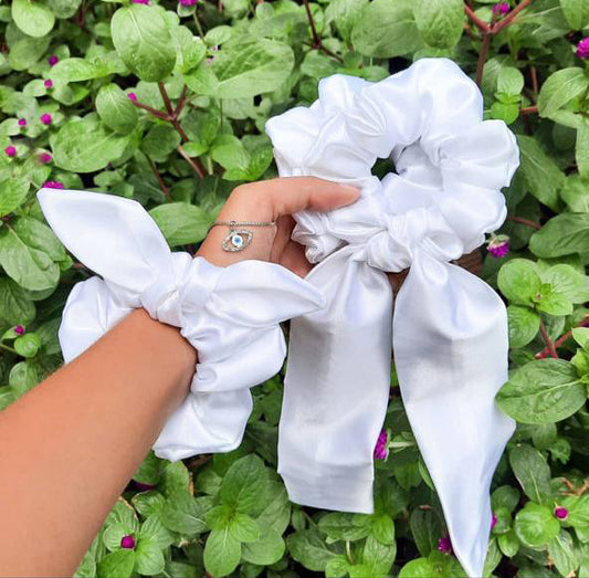 White Satin Bunny Plus Tail Scrunchie Combo