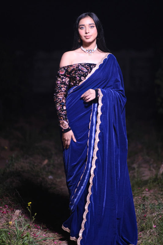 Royal Blue Velvet Saree