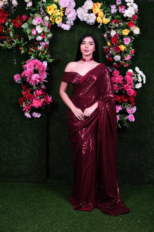 Unstitched Red Wine Filmfare Sequence Saree