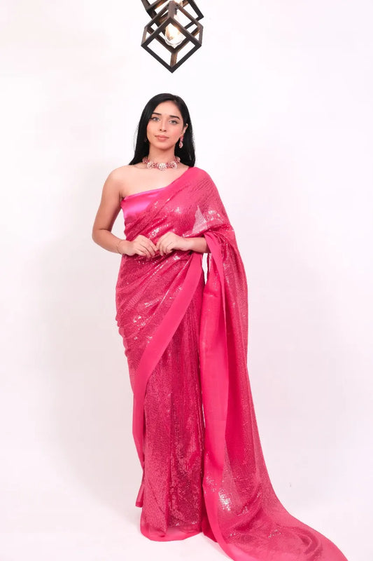 Unstitched Fuchsia Pink Filmfare Sequence Saree