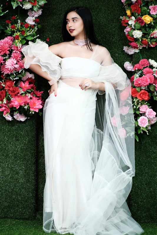 Vanilla Sheer Frill Mesh saree