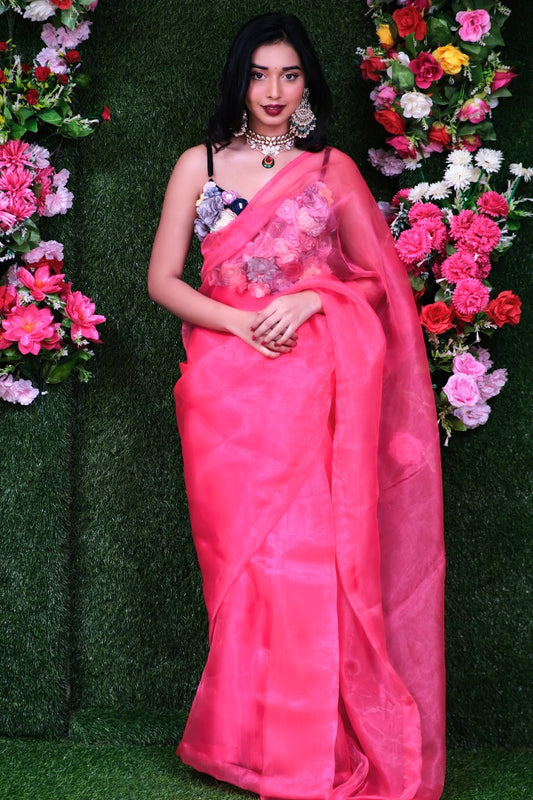Unstitched Hot Pink Organza Saree