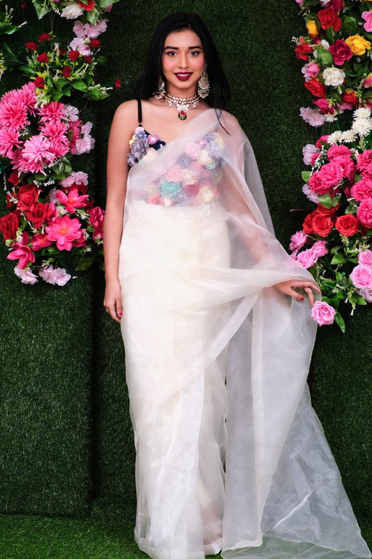 Unstitched Pearl Organza Saree