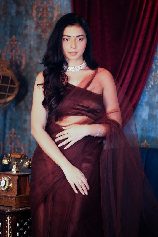 Brown Mesh Satin Stitched Blouse