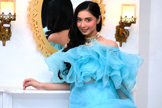 Ice Blue Organza Stitched Blouse