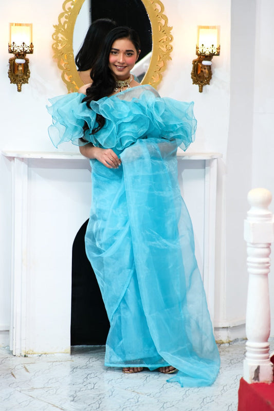 Unstitched Ice Blue Organza Saree