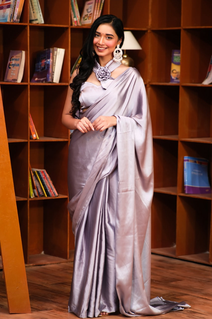 Mauve Twist Ombre Crushed Metallic Satin Saree with Blouse Fabric