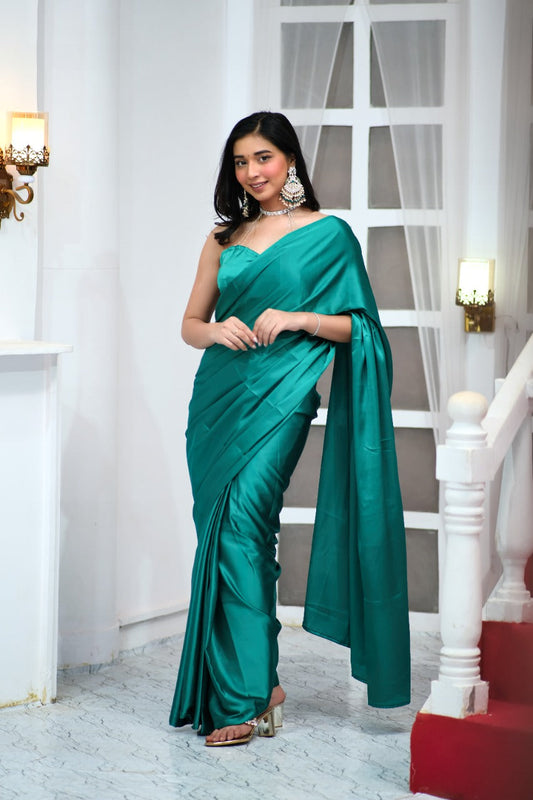Unstitched Rama green saree