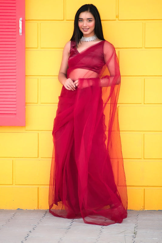 Valentine Red Mesh Saree