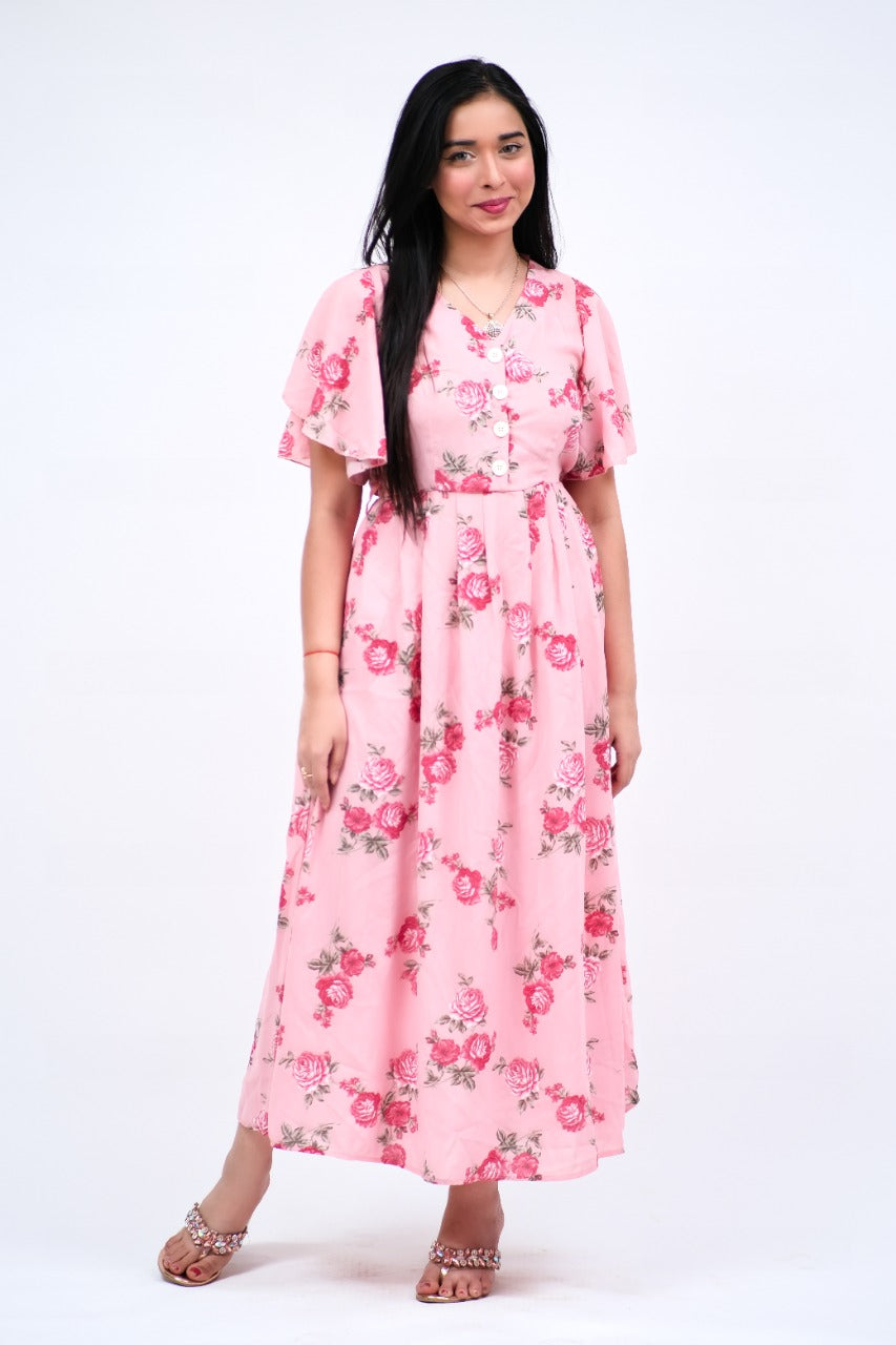 Madelyn Backless Midi Dress Rose Print Pink