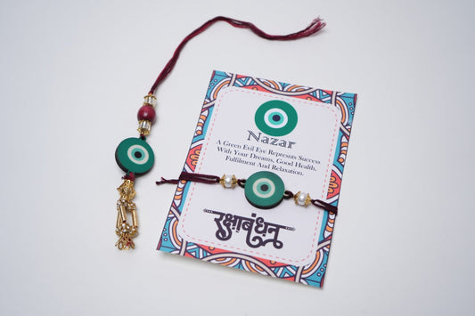 Green Rakhi and Lumba Nazar Set Rakhi