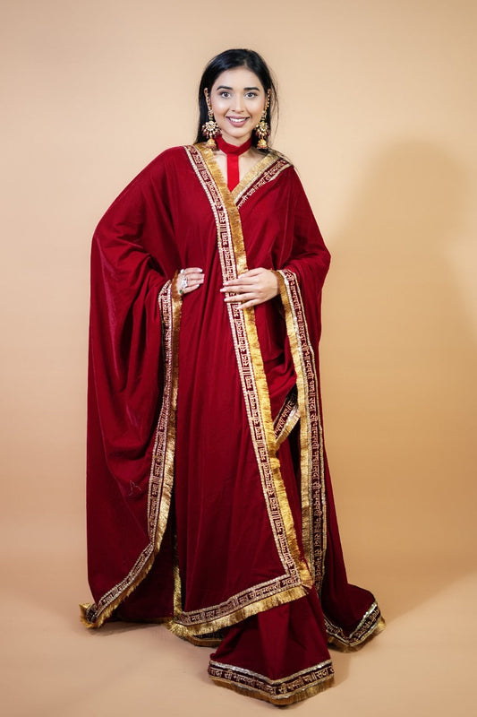 Deep Red Sada saubhagyavati bhava velvet saree with shall