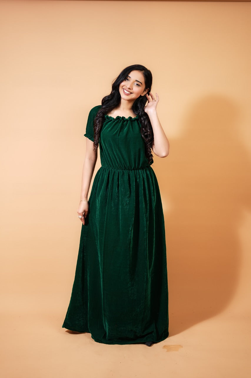 Women Green Velvet Hand Embellished Gown main image 1
