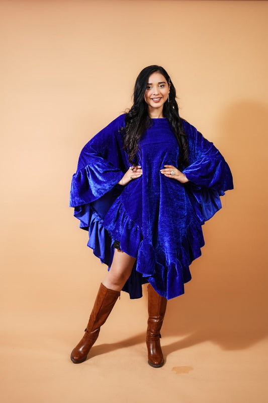 Royal Blue Velvet Frill Cape plus