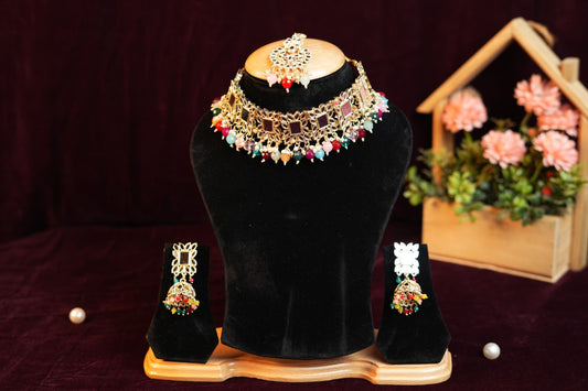 Mirror work multicolour tassels Golden Necklace Set