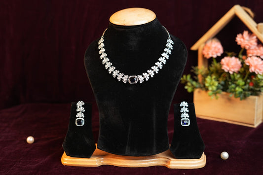 Silver studded with blue Stone Necklace Set