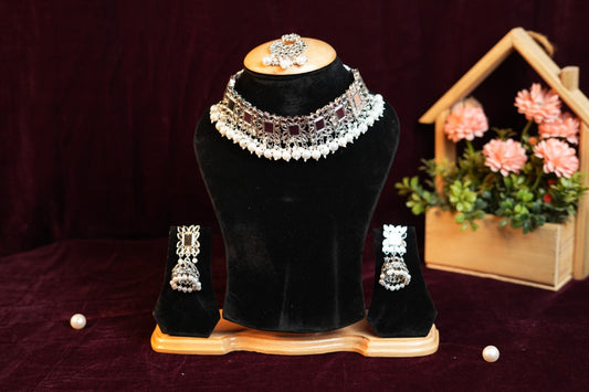 Mirror work with pearl Silver Necklace Set