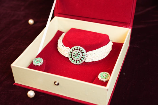 Pearl With Sea green Stone Silver Chocker Set