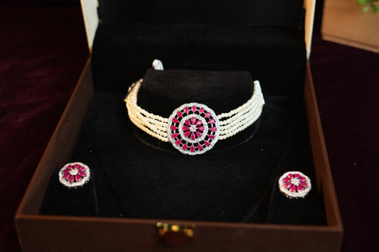 Pearl With red stone Silver Chocker Set