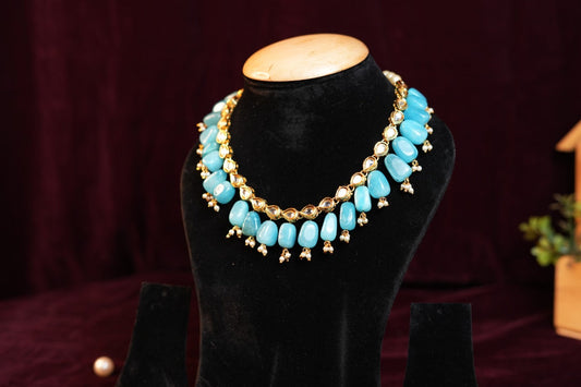 Kundan Gold Plated Blue pearl Necklace Set