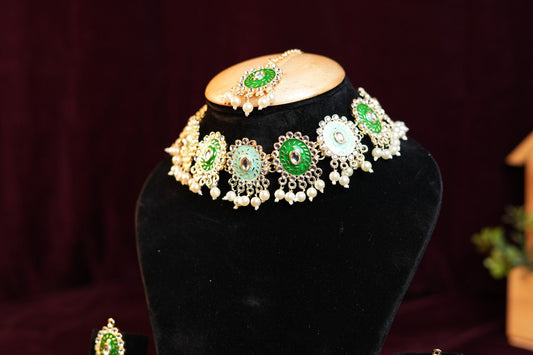Green Meenakari Kundan and Pearl Necklace