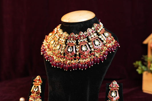 Gold-Plated Red Kundan and Pearl Studded Meenakari Choker Jewellery Set