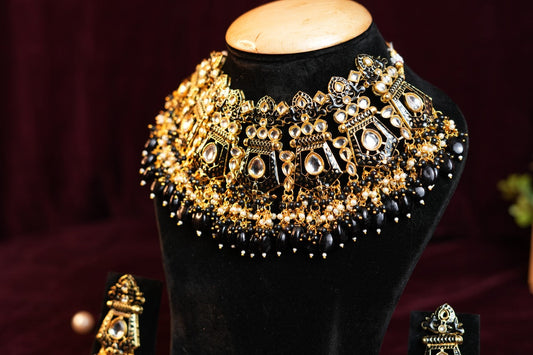 Gold-Plated Black Kundan and Pearl Studded Meenakari Choker Jewellery Set