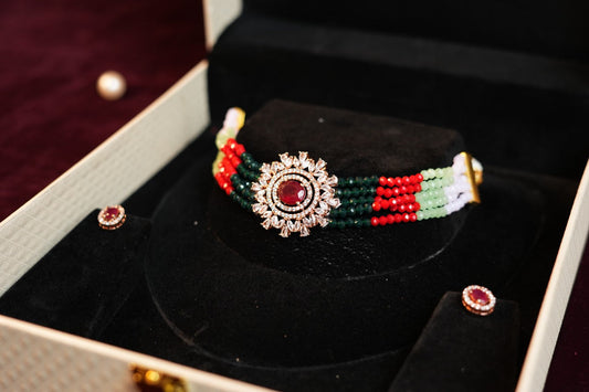 Red Stone multicolor Choker Necklace Earring