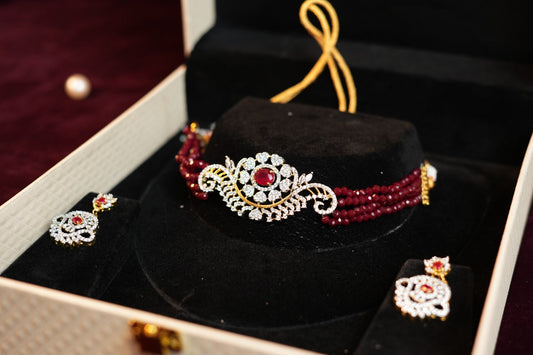Gold Plated Maroon Pearl Studded Jewellery Set
