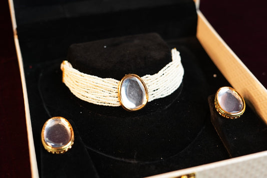 Gold-Plated and White Kundan and Pearls Choker Set
