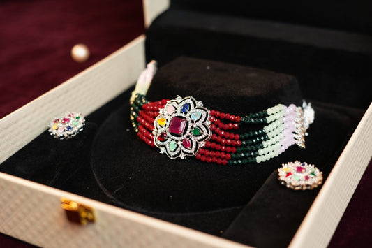 Green pink Toned and Silver Plated Multicolour Chocker Set