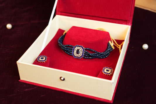 Gold Plated Blue Stone Studded Oxidized Choker Set