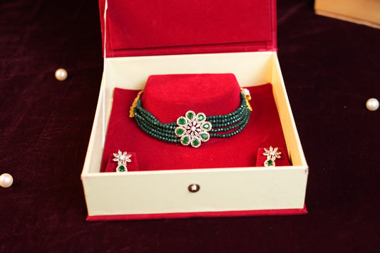 Silver Plated Green Stones Studded Oxidized Choker Set
