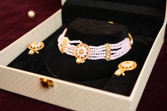Golden Plated Pink Stone Studded Oxidized Choker Set