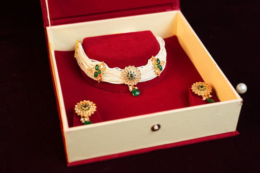 Green Stone White Pearl Gold Plated Chocker Set