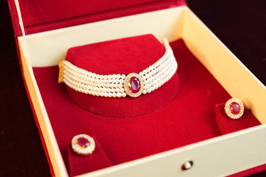 White pearl Red Stone Gold plated Chocker Set
