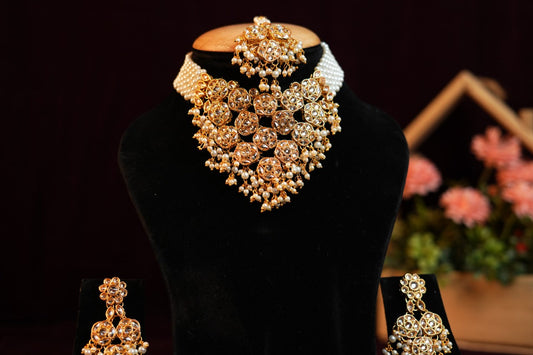 Gold Plated White Kundan Studded and Beaded Necklace Set