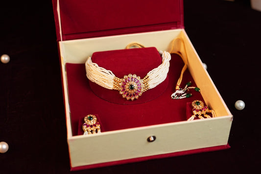 Green Stone Pearl Studded Floral Design Traditional Choker Set